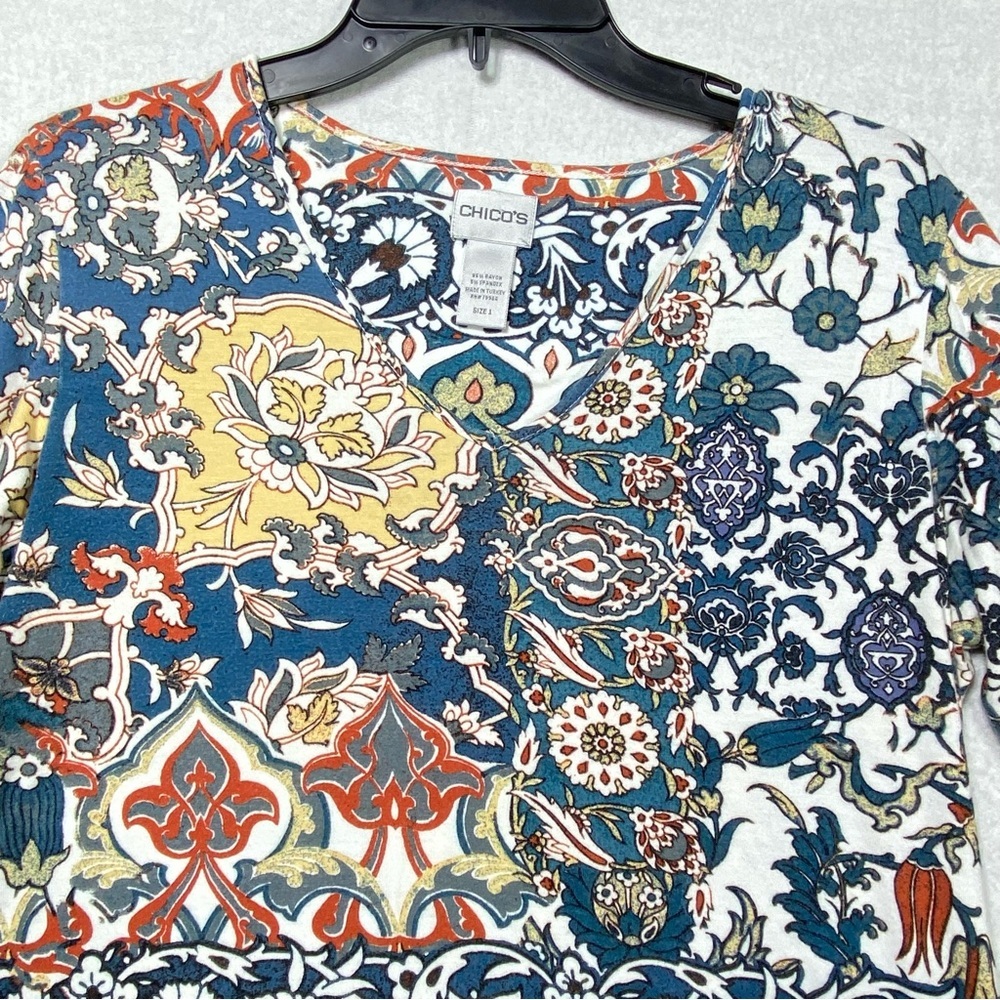 Chico's Paisley Floral Patchwork Top Womens 1 (M/8) Multicolor 3/4 Sleeve V Neck - Picture 2 of 12